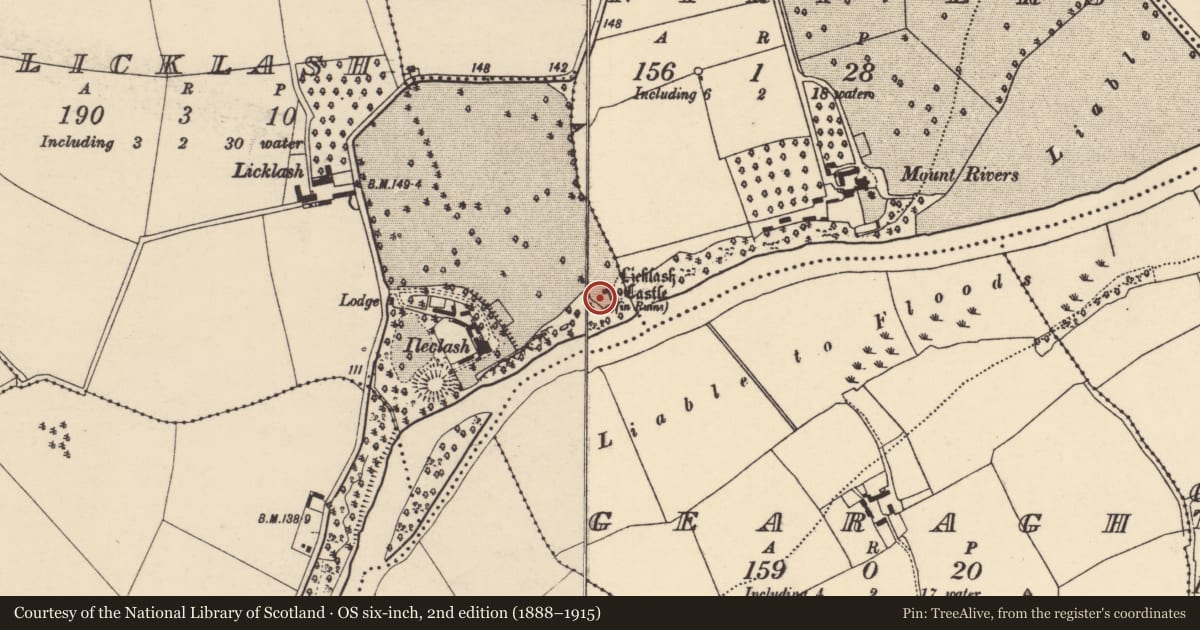 Ordnance Survey six-inch map, 2nd edition (1888–1915) covering the location of Fortification, Licklash, County Cork, with a pin at the register's coordinates