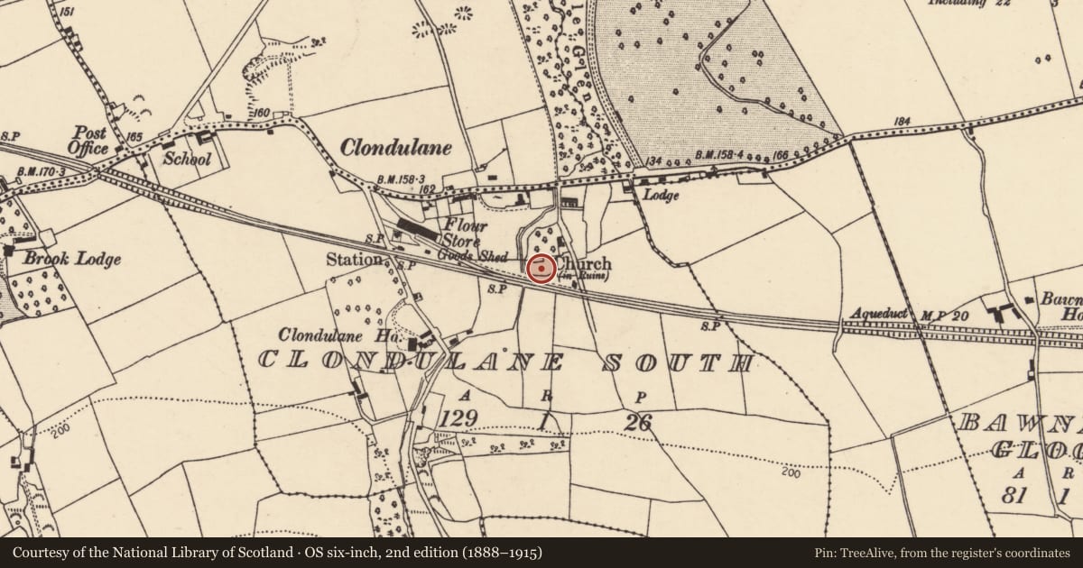 Ordnance Survey six-inch map, 2nd edition (1888–1915) covering the location of Graveyard, Clondulane South, County Cork, with a pin at the register's coordinates
