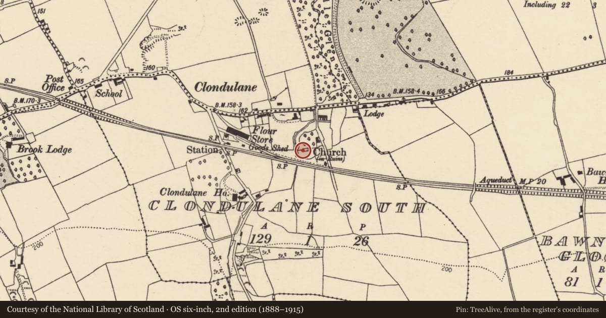 Ordnance Survey six-inch map, 2nd edition (1888–1915) covering the location of Church, Clondulane South, County Cork, with a pin at the register's coordinates