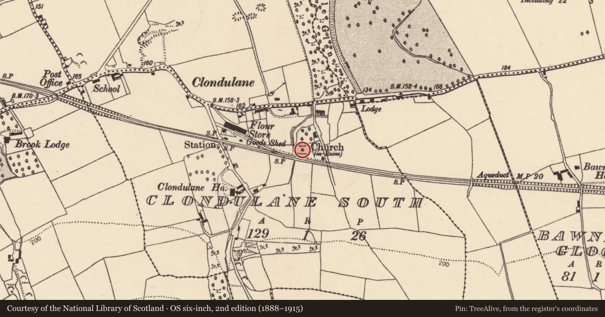Ordnance Survey six-inch map, 2nd edition (1888–1915) covering the location of Church, Clondulane South, County Cork, with a pin at the register's coordinates