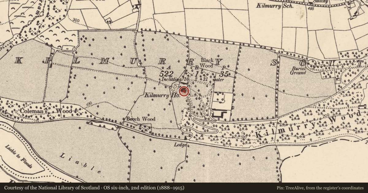 Ordnance Survey six-inch map, 2nd edition (1888–1915) covering the location of Country house, Kilmurry South, County Cork, with a pin at the register's coordinates