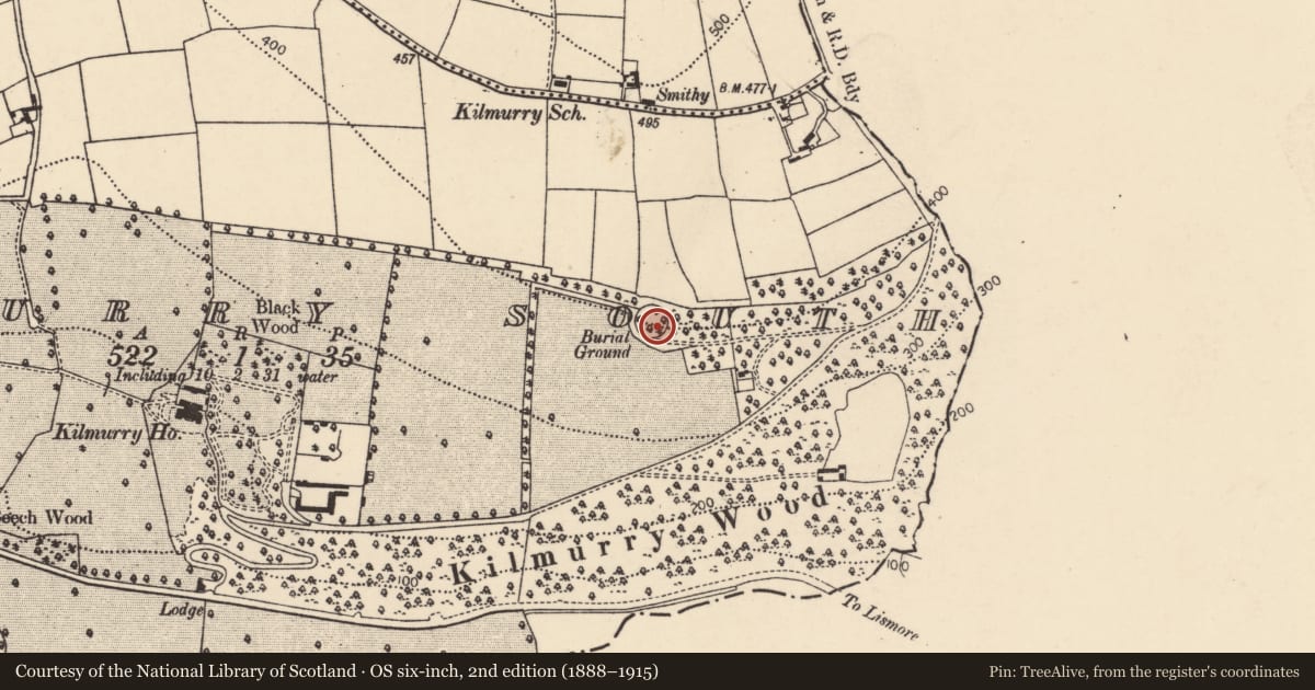 Ordnance Survey six-inch map, 2nd edition (1888–1915) covering the location of Burial ground, Kilmurry South, County Cork, with a pin at the register's coordinates