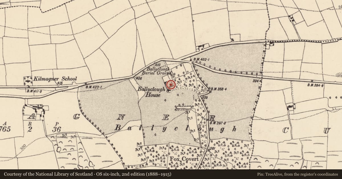 Ordnance Survey six-inch map, 2nd edition (1888–1915) covering the location of Country house, Kilmagner, County Cork, with a pin at the register's coordinates