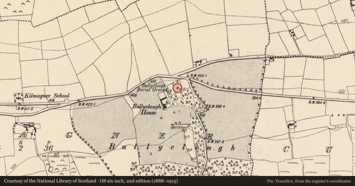 Ordnance Survey six-inch map, 2nd edition (1888–1915) covering the location of Graveyard, Kilmagner, County Cork, with a pin at the register's coordinates