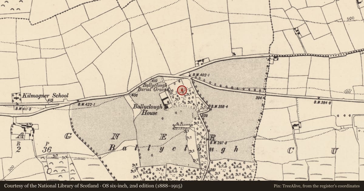 Ordnance Survey six-inch map, 2nd edition (1888–1915) covering the location of Church, Kilmagner, County Cork, with a pin at the register's coordinates