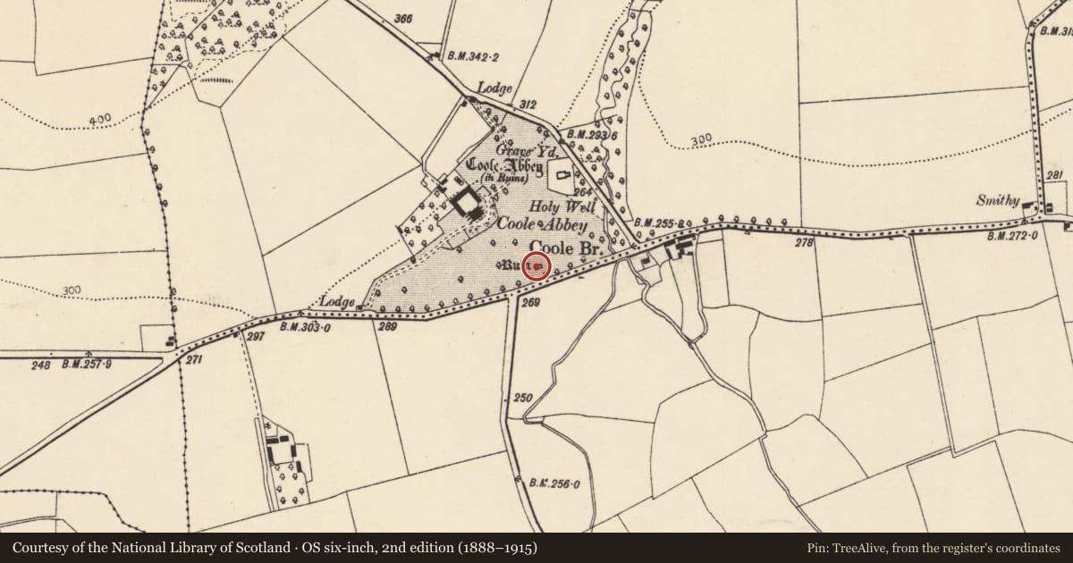 Ordnance Survey six-inch map, 2nd edition (1888–1915) covering the location of Church, Coole Upper, County Cork, with a pin at the register's coordinates