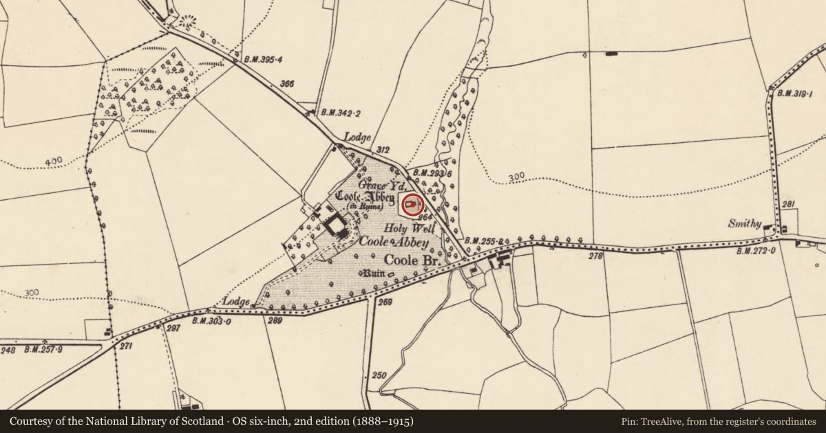 Ordnance Survey six-inch map, 2nd edition (1888–1915) covering the location of Graveyard, Coole Upper, County Cork, with a pin at the register's coordinates
