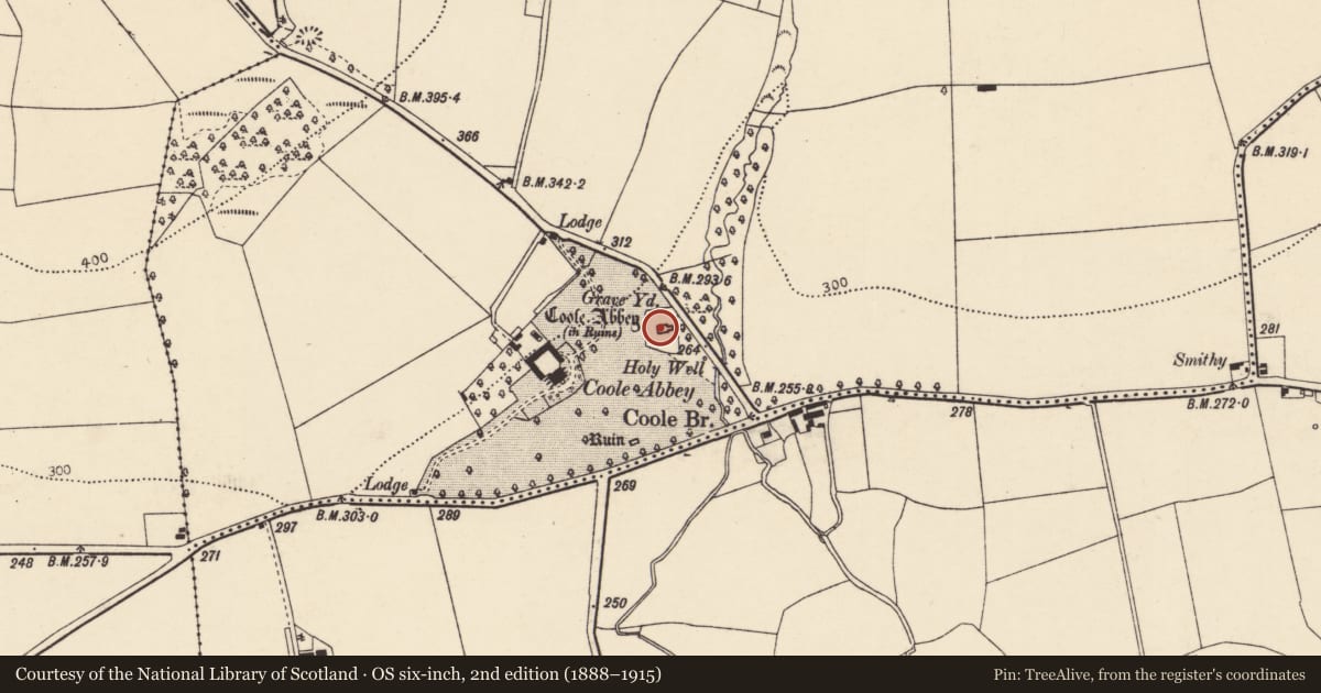 Ordnance Survey six-inch map, 2nd edition (1888–1915) covering the location of Church, Coole Upper, County Cork, with a pin at the register's coordinates