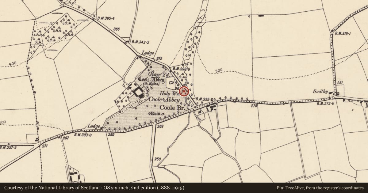 Ordnance Survey six-inch map, 2nd edition (1888–1915) covering the location of Ritual site - holy well, Coole Upper, County Cork, with a pin at the register's coordinates