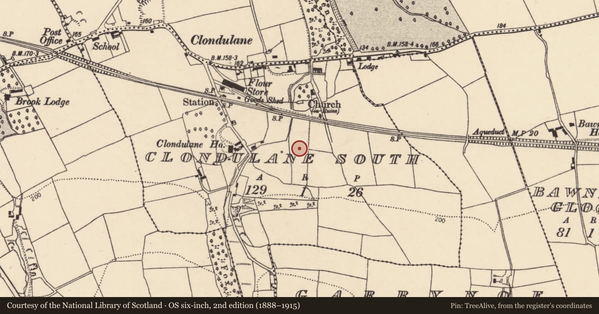 Ordnance Survey six-inch map, 2nd edition (1888–1915) covering the location of Fulacht fia, Clondulane South, County Cork, with a pin at the register's coordinates