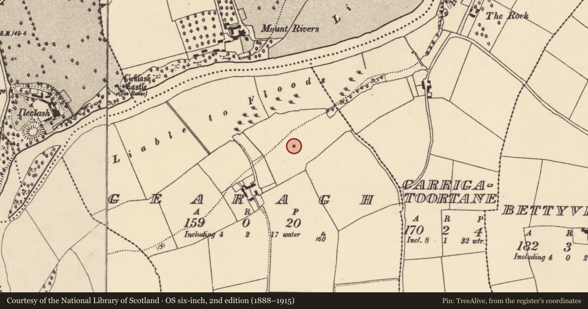 Ordnance Survey six-inch map, 2nd edition (1888–1915) covering the location of Enclosure, Gearagh, County Cork, with a pin at the register's coordinates