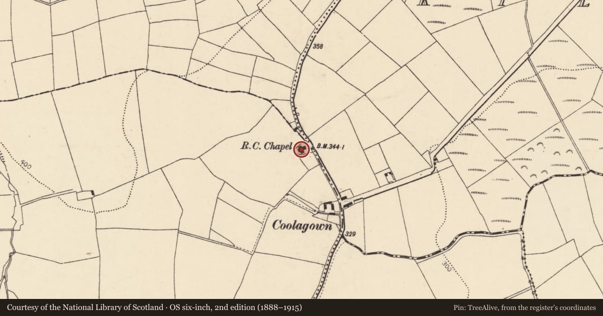 Ordnance Survey six-inch map, 2nd edition (1888–1915) covering the location of Church, Coole Upper, County Cork, with a pin at the register's coordinates