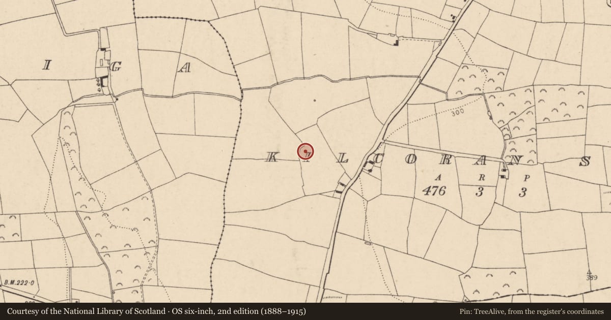 Ordnance Survey six-inch map, 2nd edition (1888–1915) covering the location of Ecclesiastical enclosure, Kilcoran South, County Cork, with a pin at the register's coordinates