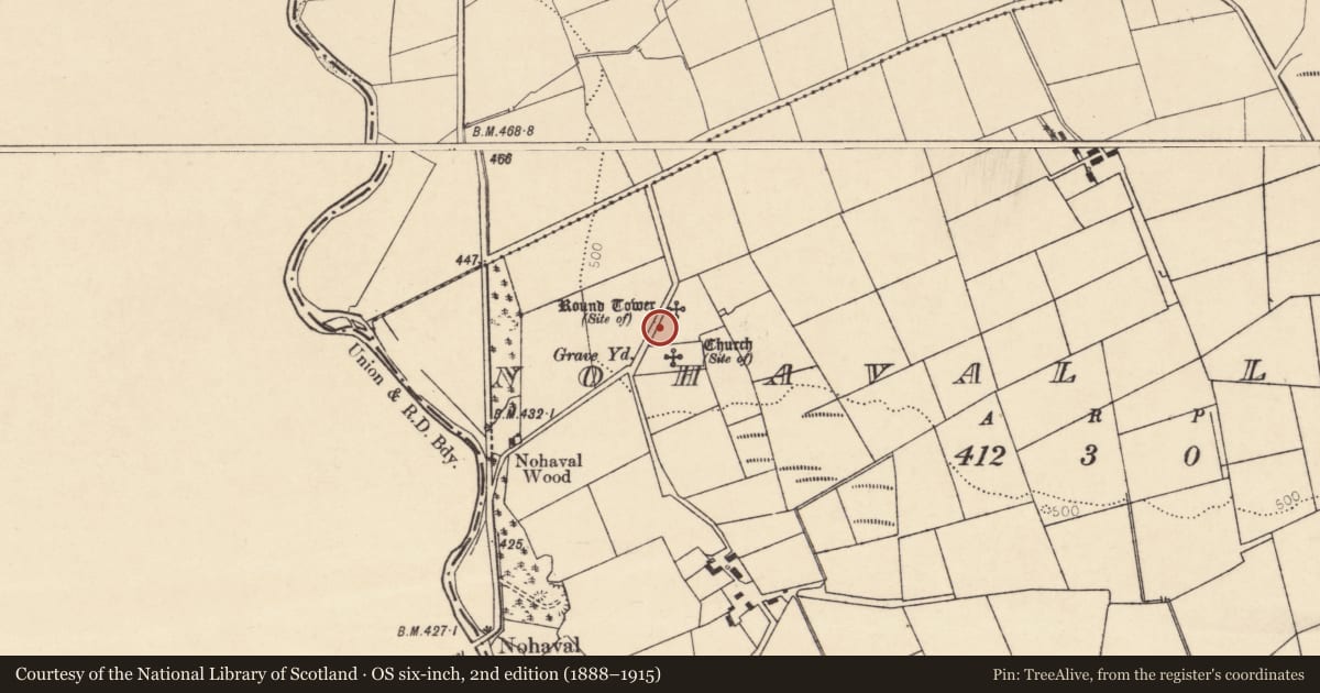 Ordnance Survey six-inch map, 2nd edition (1888–1915) covering the location of Ecclesiastical enclosure, Nohaval Lower, County Cork, with a pin at the register's coordinates