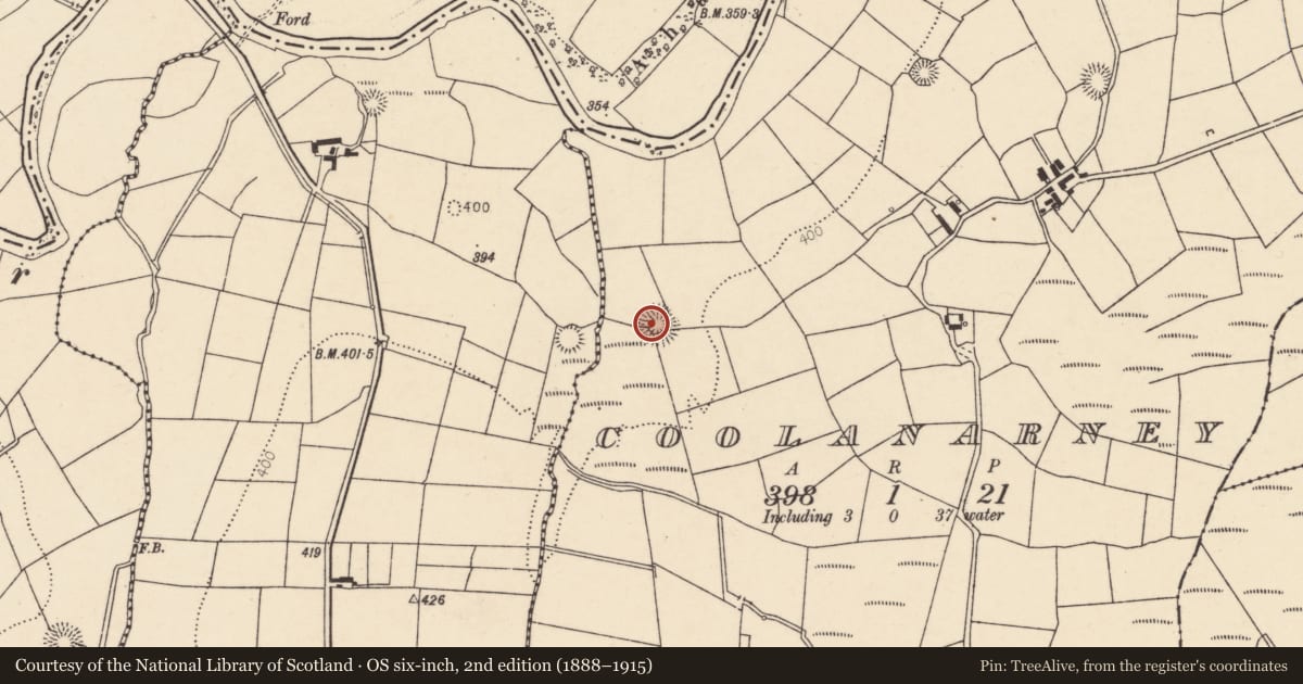Ordnance Survey six-inch map, 2nd edition (1888–1915) covering the location of Ringfort - rath, Coolanarney, County Cork, with a pin at the register's coordinates