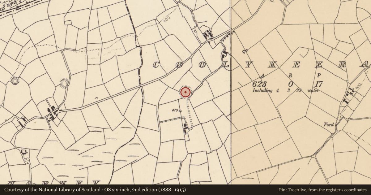 Ordnance Survey six-inch map, 2nd edition (1888–1915) covering the location of Souterrain, Coolykeerane, County Cork, with a pin at the register's coordinates