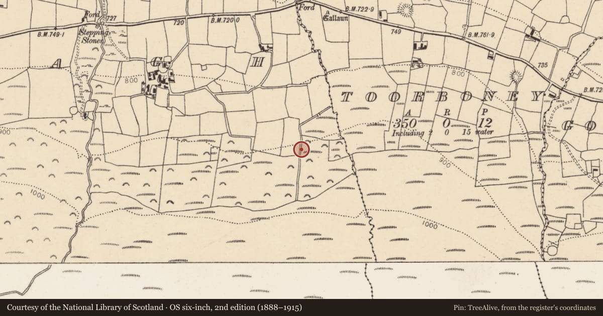 Ordnance Survey six-inch map, 2nd edition (1888–1915) covering the location of Fulacht fia, Caherbarnagh, County Cork, with a pin at the register's coordinates