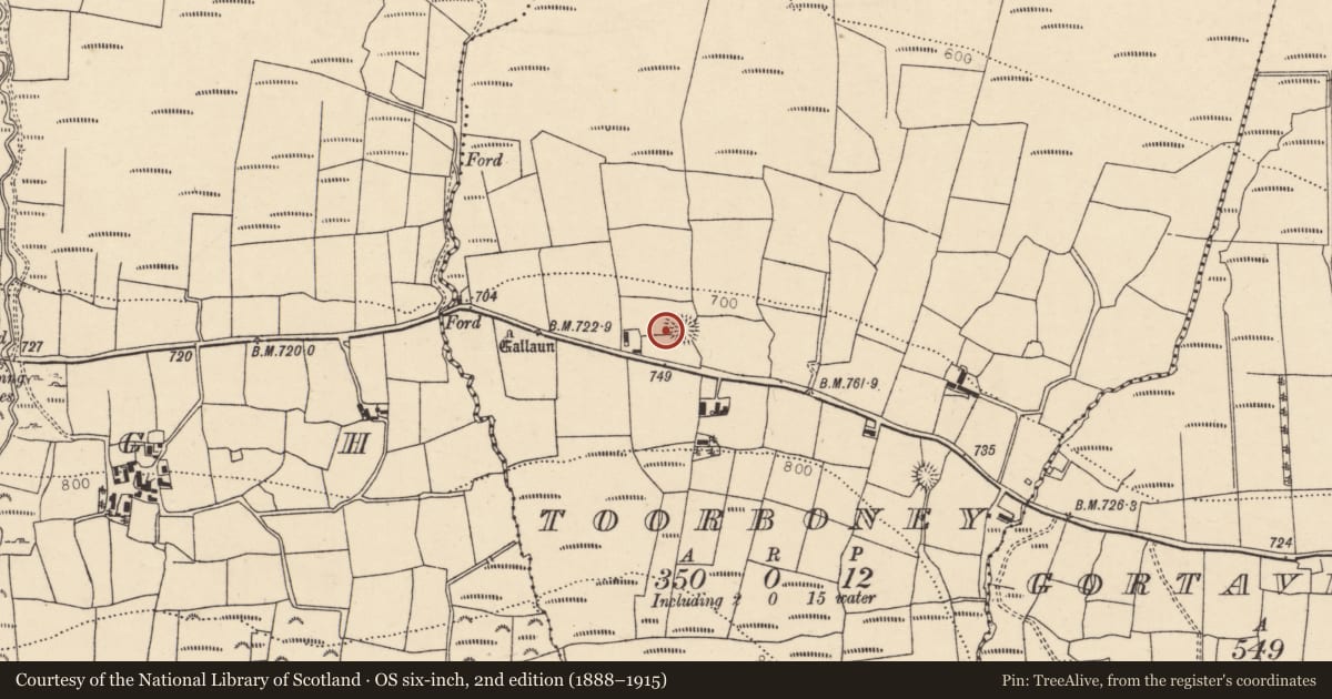 Ordnance Survey six-inch map, 2nd edition (1888–1915) covering the location of Ringfort - rath, Toorboney, County Cork, with a pin at the register's coordinates