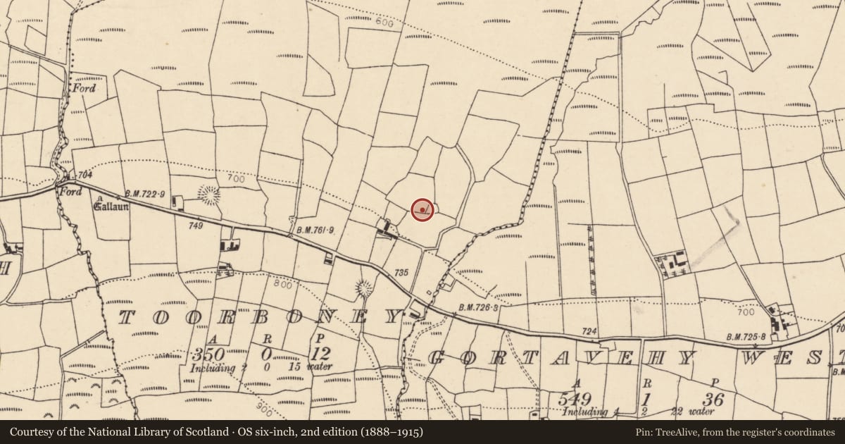 Ordnance Survey six-inch map, 2nd edition (1888–1915) covering the location of Ringfort - cashel, Toorboney, County Cork, with a pin at the register's coordinates