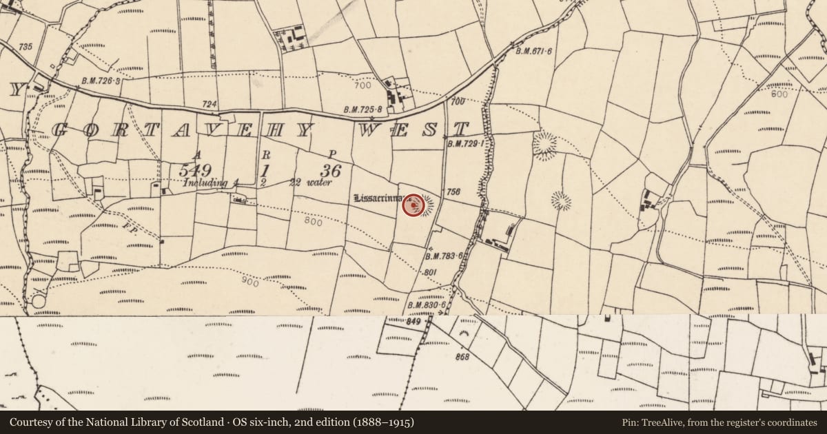 Ordnance Survey six-inch map, 2nd edition (1888–1915) covering the location of Ringfort - rath, Gortavehy West, County Cork, with a pin at the register's coordinates