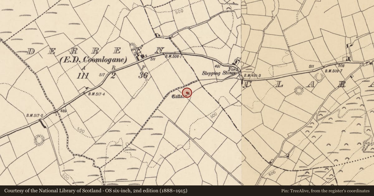 Ordnance Survey six-inch map, 2nd edition (1888–1915) covering the location of Standing stone, Claragh Beg, County Cork, with a pin at the register's coordinates