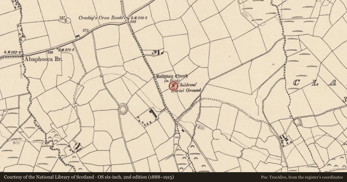Ordnance Survey six-inch map, 2nd edition (1888–1915) covering the location of Burial ground, Ballydaly, County Cork, with a pin at the register's coordinates