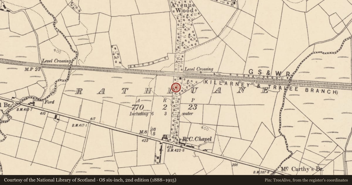 Ordnance Survey six-inch map, 2nd edition (1888–1915) covering the location of Chapel, Rathduane, County Cork, with a pin at the register's coordinates