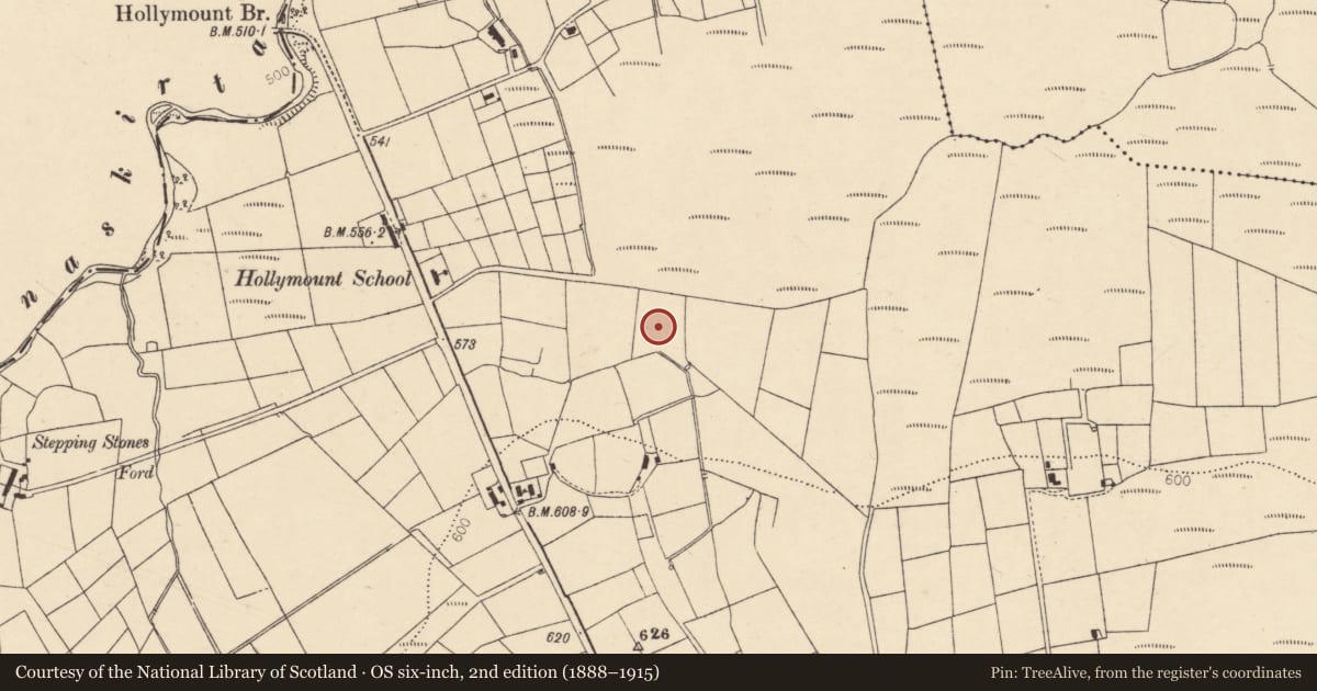 Ordnance Survey six-inch map, 2nd edition (1888–1915) covering the location of Fulacht fia, Caherbarnagh, County Cork, with a pin at the register's coordinates