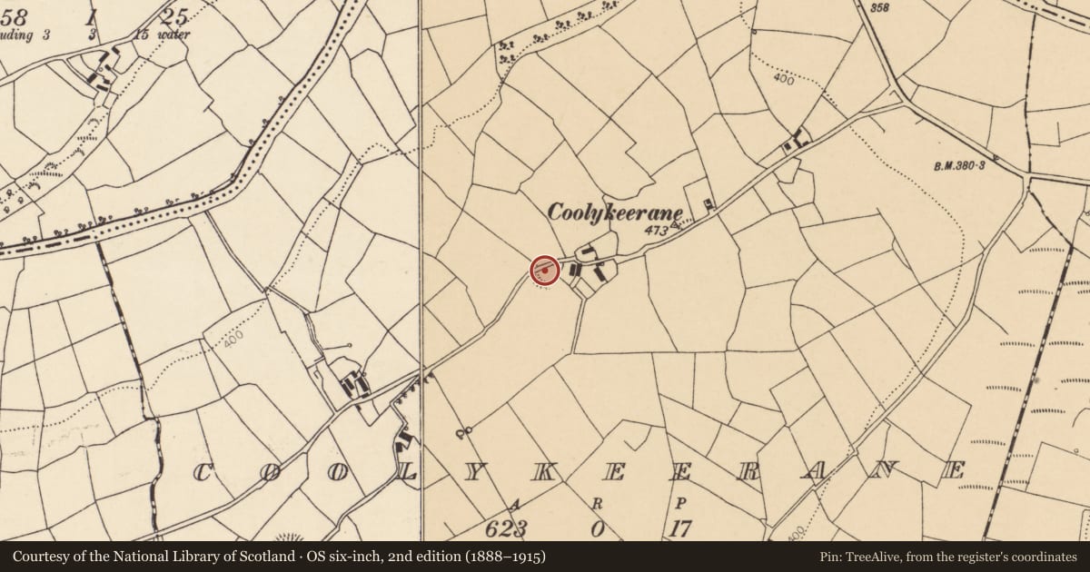 Ordnance Survey six-inch map, 2nd edition (1888–1915) covering the location of Souterrain, Coolykeerane, County Cork, with a pin at the register's coordinates