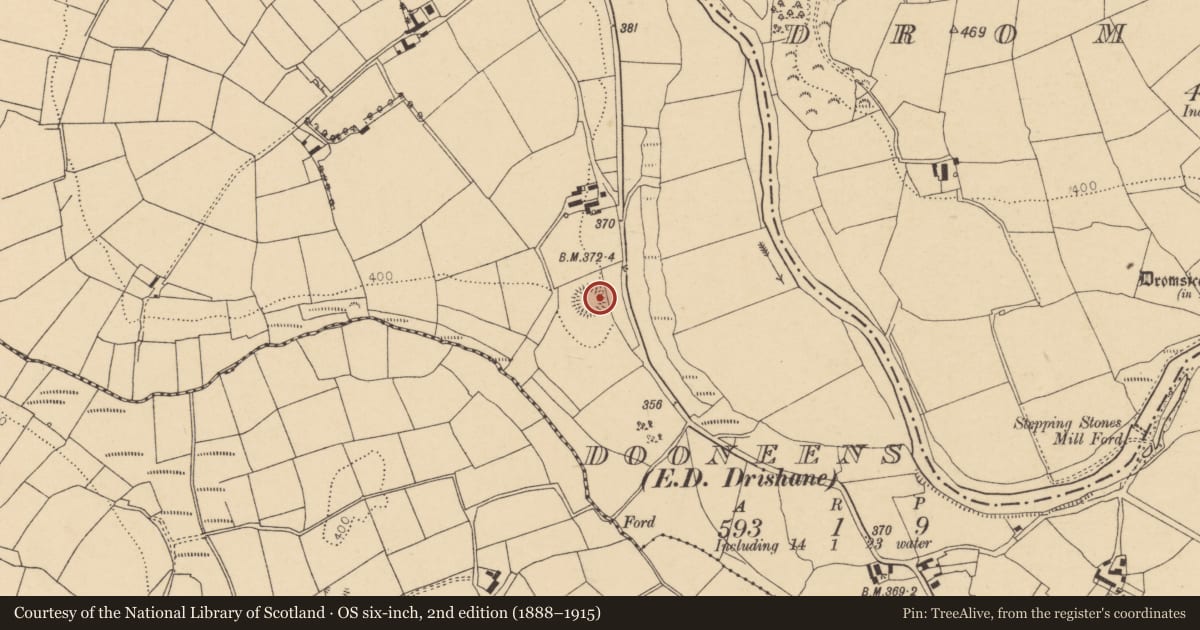 Ordnance Survey six-inch map, 2nd edition (1888–1915) covering the location of Souterrain, Dooneens (Muskerry West By., Drishane Par.), County Cork, with a pin at the register's coordinates