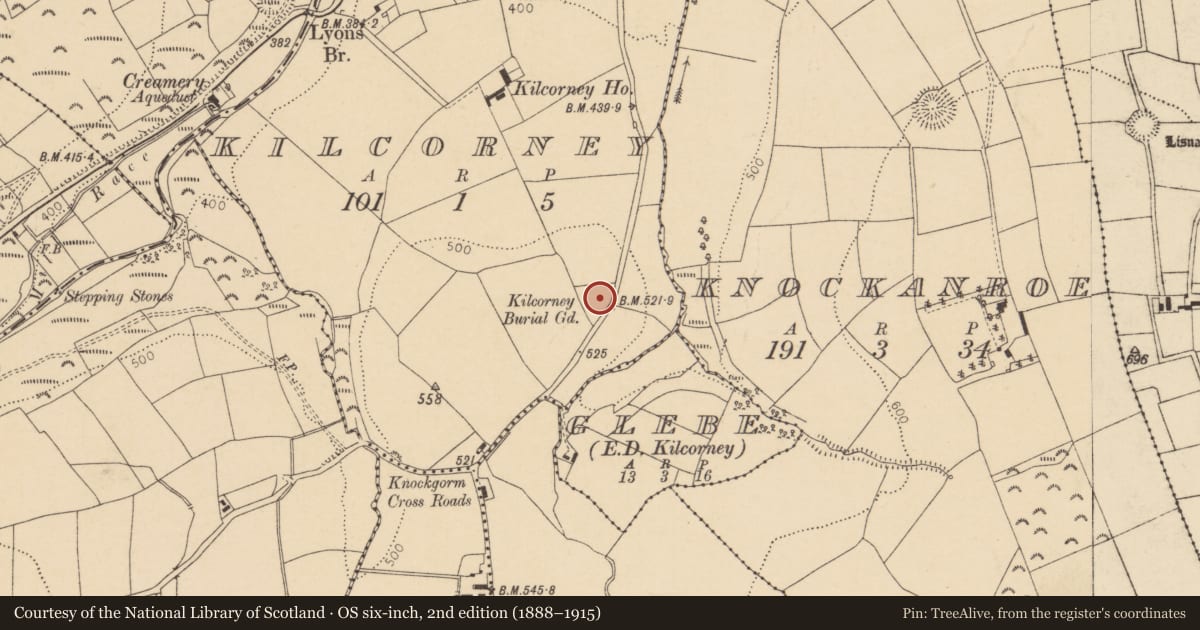Ordnance Survey six-inch map, 2nd edition (1888–1915) covering the location of Ecclesiastical enclosure, Kilcorney, County Cork, with a pin at the register's coordinates