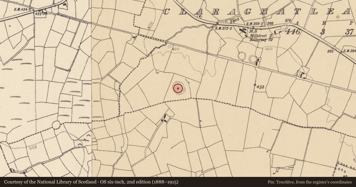Ordnance Survey six-inch map, 2nd edition (1888–1915) covering the location of Ringfort - rath, Claraghatlea North, County Cork, with a pin at the register's coordinates