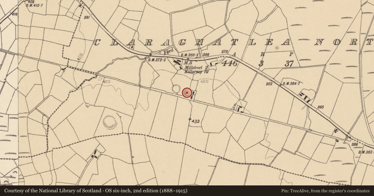 Ordnance Survey six-inch map, 2nd edition (1888–1915) covering the location of Ringfort - rath, Claraghatlea North, County Cork, with a pin at the register's coordinates