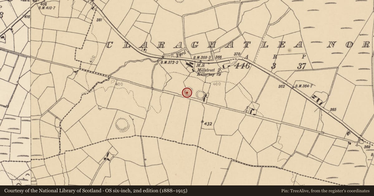 Ordnance Survey six-inch map, 2nd edition (1888–1915) covering the location of Souterrain, Claraghatlea North, County Cork, with a pin at the register's coordinates