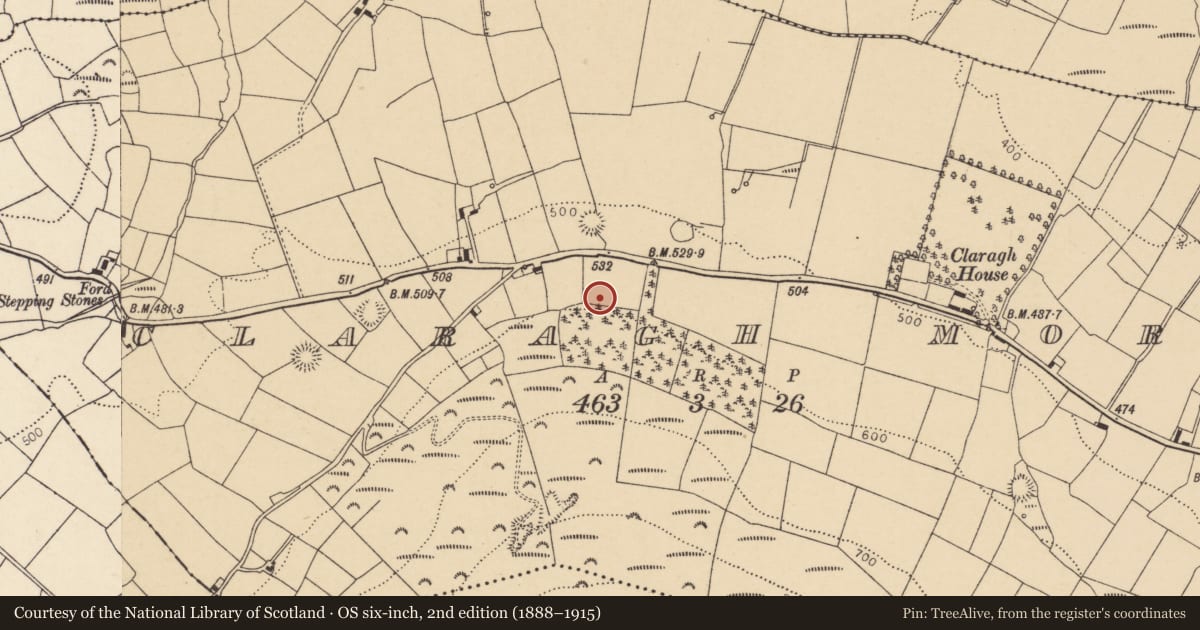 Ordnance Survey six-inch map, 2nd edition (1888–1915) covering the location of Souterrain, Claragh More, County Cork, with a pin at the register's coordinates