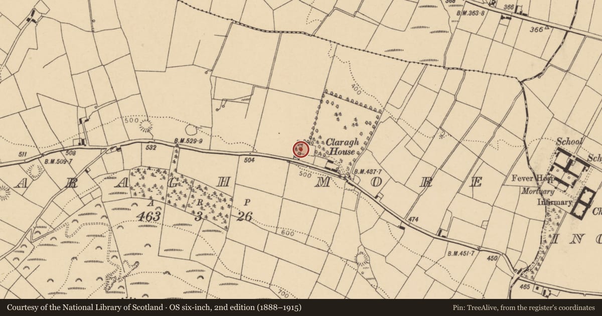 Ordnance Survey six-inch map, 2nd edition (1888–1915) covering the location of Souterrain, Claragh More, County Cork, with a pin at the register's coordinates