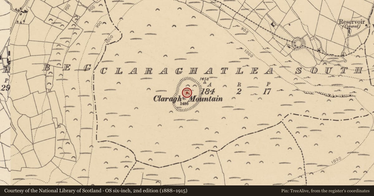 Ordnance Survey six-inch map, 2nd edition (1888–1915) covering the location of Hillfort, Claraghatlea South, County Cork, with a pin at the register's coordinates