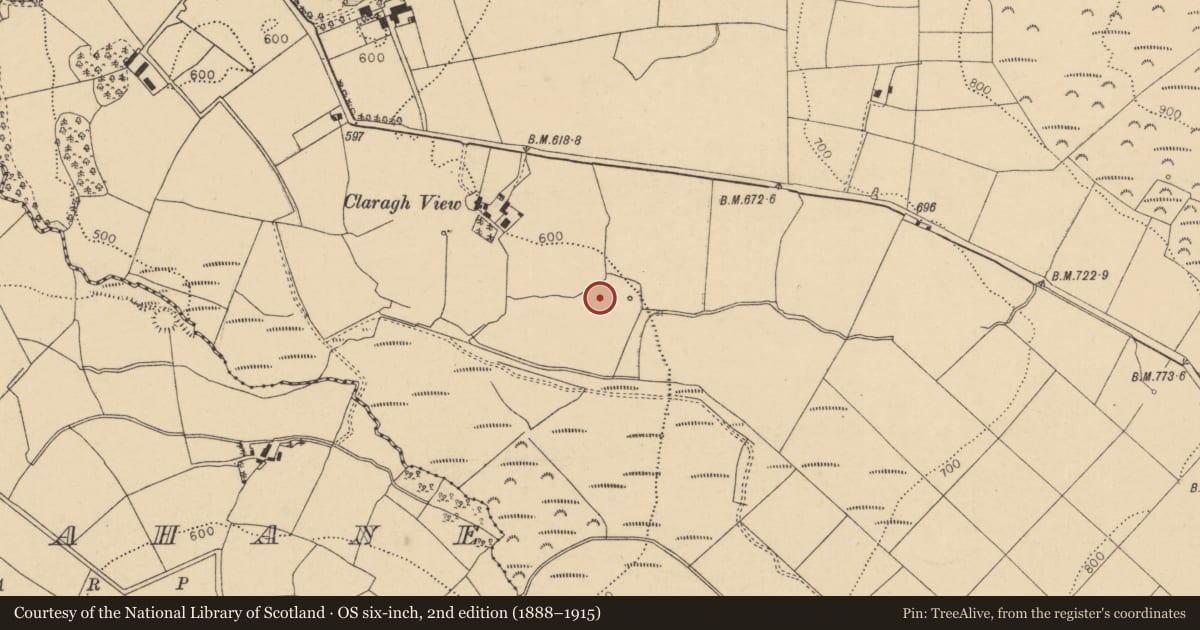 Ordnance Survey six-inch map, 2nd edition (1888–1915) covering the location of Fulacht fia, Tullig, County Cork, with a pin at the register's coordinates