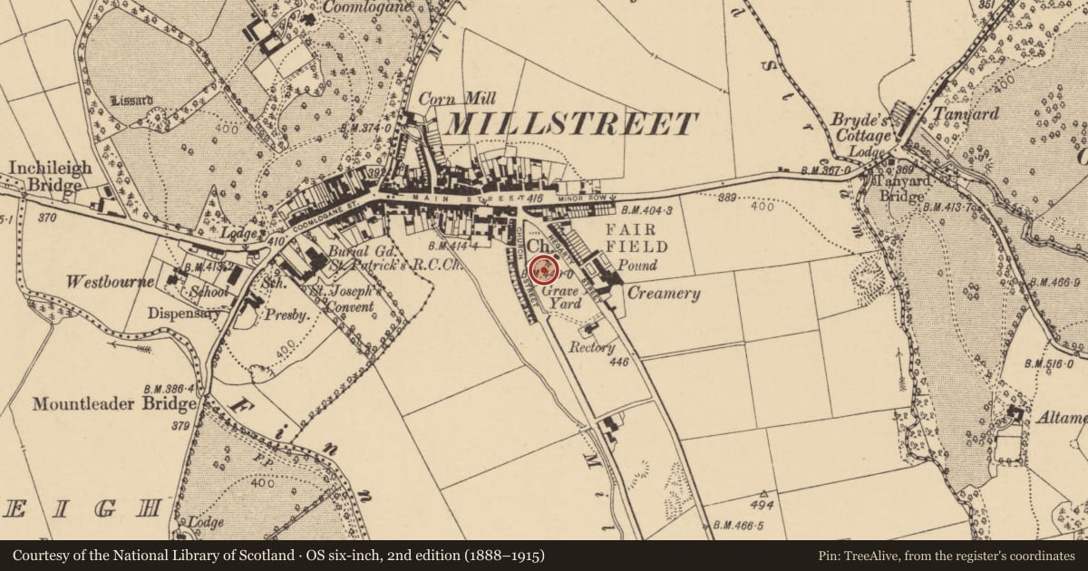 Ordnance Survey six-inch map, 2nd edition (1888–1915) covering the location of Graveyard, Liscahane, County Cork, with a pin at the register's coordinates