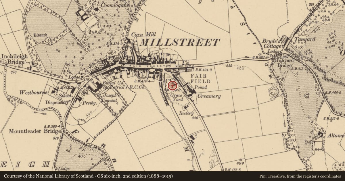 Ordnance Survey six-inch map, 2nd edition (1888–1915) covering the location of Church, Liscahane, County Cork, with a pin at the register's coordinates