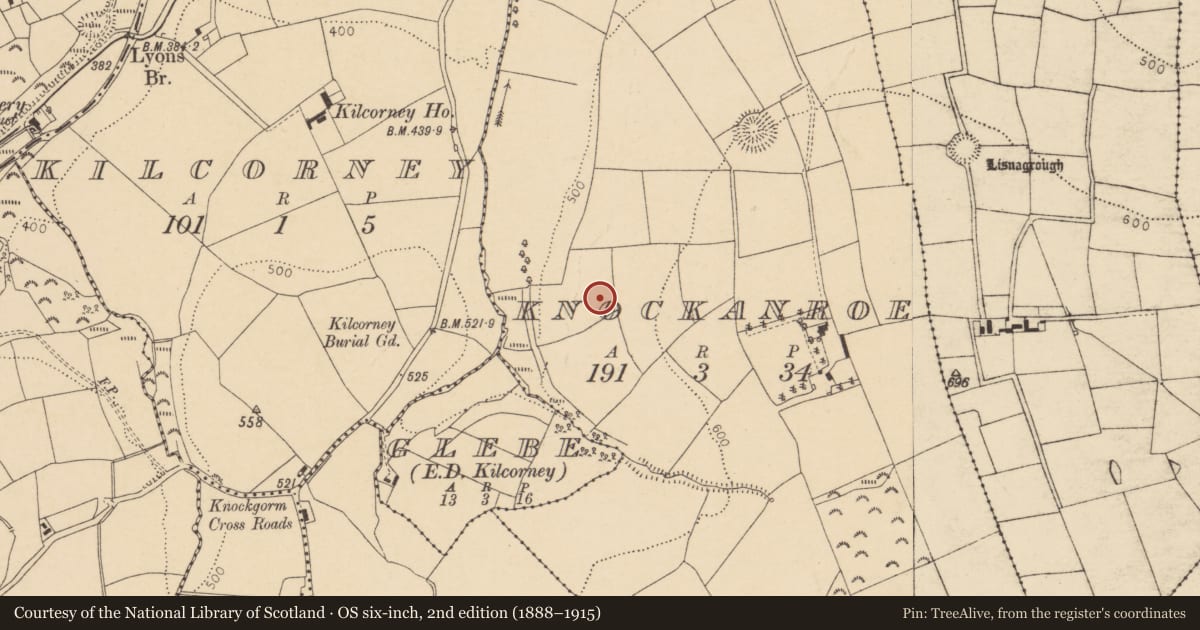 Ordnance Survey six-inch map, 2nd edition (1888–1915) covering the location of Ritual site - holy well, Knockanroe, County Cork, with a pin at the register's coordinates