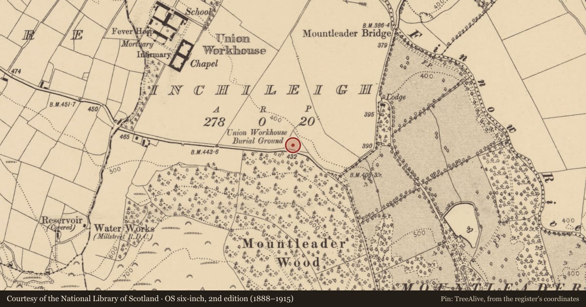 Ordnance Survey six-inch map, 2nd edition (1888–1915) covering the location of Burial ground, Inchileigh, County Cork, with a pin at the register's coordinates