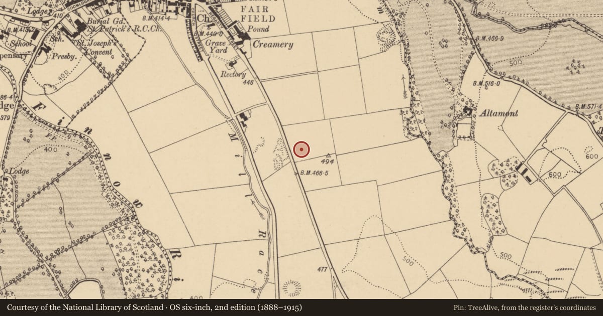 Ordnance Survey six-inch map, 2nd edition (1888–1915) covering the location of Souterrain, Liscahane, County Cork, with a pin at the register's coordinates