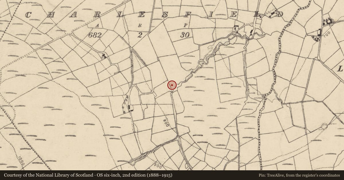 Ordnance Survey six-inch map, 2nd edition (1888–1915) covering the location of Fulacht fia, Charlesfield, County Cork, with a pin at the register's coordinates