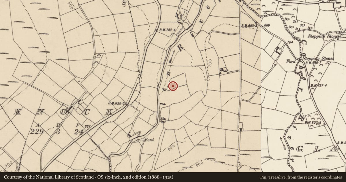 Ordnance Survey six-inch map, 2nd edition (1888–1915) covering the location of Standing stone, Glenaknockane, County Cork, with a pin at the register's coordinates