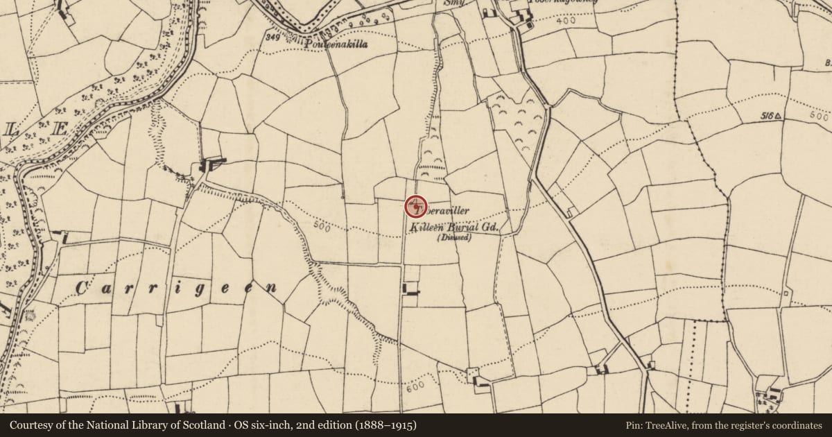 Ordnance Survey six-inch map, 2nd edition (1888–1915) covering the location of Ritual site - holy well, Coolroe More, County Cork, with a pin at the register's coordinates