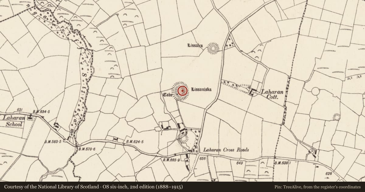 Ordnance Survey six-inch map, 2nd edition (1888–1915) covering the location of Ringfort - rath, Laharan, County Cork, with a pin at the register's coordinates