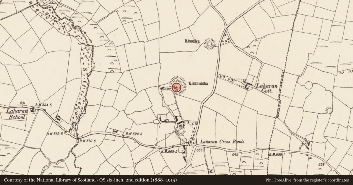 Ordnance Survey six-inch map, 2nd edition (1888–1915) covering the location of Souterrain, Laharan, County Cork, with a pin at the register's coordinates