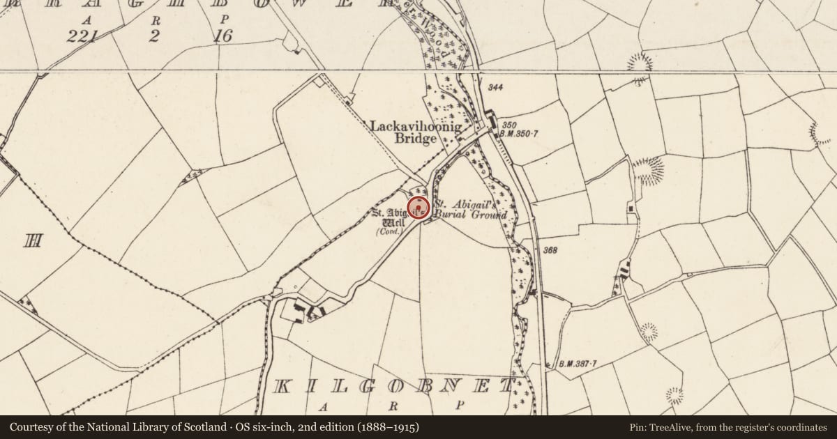 Ordnance Survey six-inch map, 2nd edition (1888–1915) covering the location of Burial ground, Kilgobnet, County Cork, with a pin at the register's coordinates