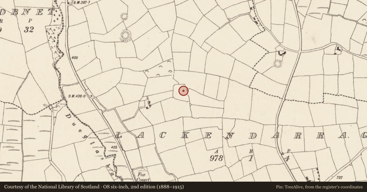 Ordnance Survey six-inch map, 2nd edition (1888–1915) covering the location of Enclosure, Lackendarragh, County Cork, with a pin at the register's coordinates